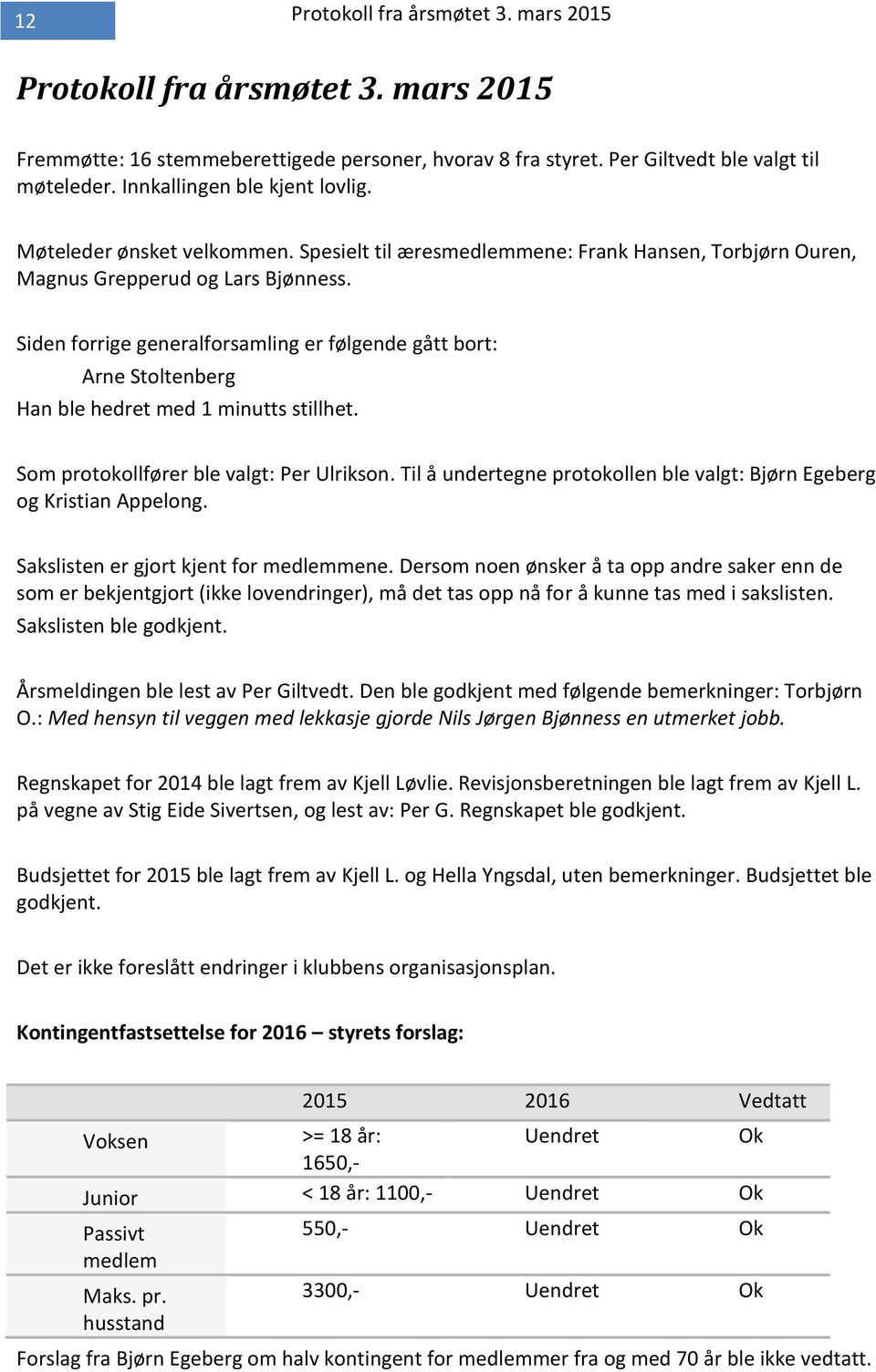 Siden forrige generalforsamling er følgende gått bort: Arne Stoltenberg Han ble hedret med 1 minutts stillhet. Som protokollfører ble valgt: Per Ulrikson.