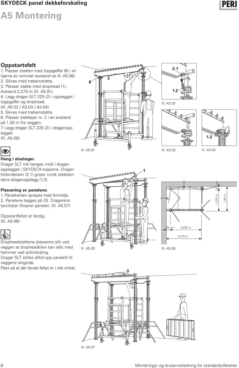 Legg drager SLT 225 (2) i drageropplegget. (Ill. A5.05) 6 2 2.1 1.2 Ill. A5.02 1.2 Ill. A5.01 Ill. A5.03 Ill. A5.04 Heng i aludrager. Drager SLT må henges midt i drageropplegget i SKYDECK-toppene.