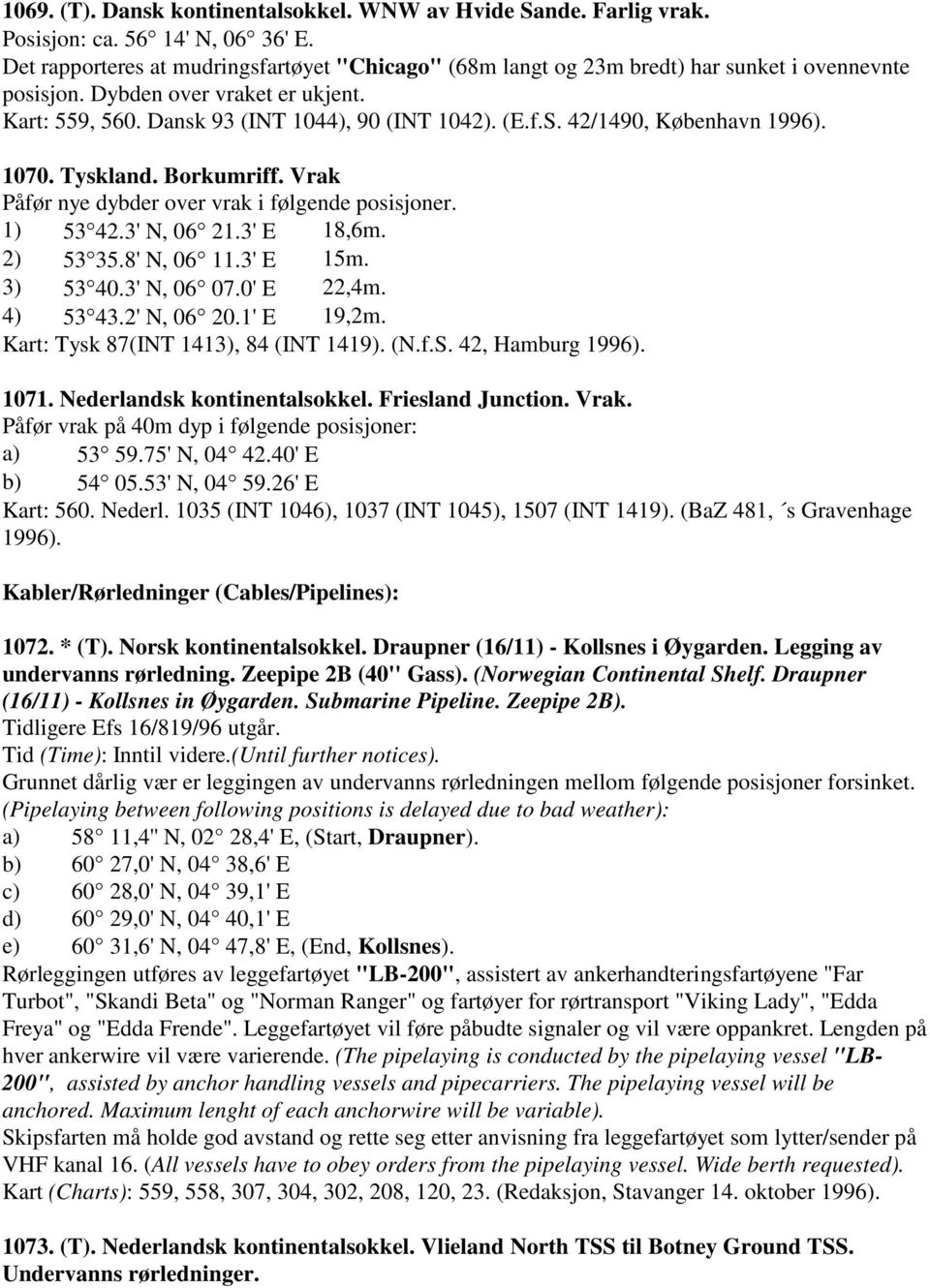 42/1490, København 1996). 1070. Tyskland. Borkumriff. Vrak Påfør nye dybder over vrak i følgende posisjoner. 1) 53 42.3' N, 06 21.3' E 18,6m. 2) 53 35.8' N, 06 11.3' E 15m. 3) 53 40.3' N, 06 07.