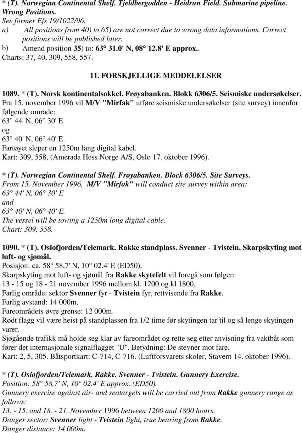 . Charts: 37, 40, 309, 558, 557. 11. FORSKJELLIGE MEDDELELSER 1089. * (T). Norsk kontinentalsokkel. Frøyabanken. Blokk 6306/5. Seismiske undersøkelser. Fra 15.