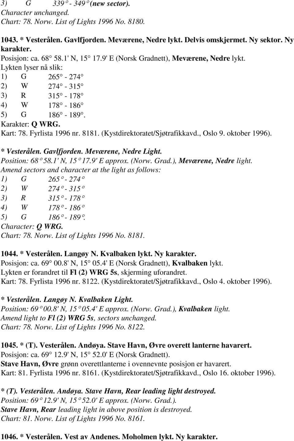 Fyrlista 1996 nr. 8181. (Kystdirektoratet/Sjøtrafikkavd., Oslo 9. oktober 1996). * Vesterålen. Gavlfjorden. Meværene, Nedre Light. Position: 68 58.1' N, 15 17.9' E approx. (Norw. Grad.
