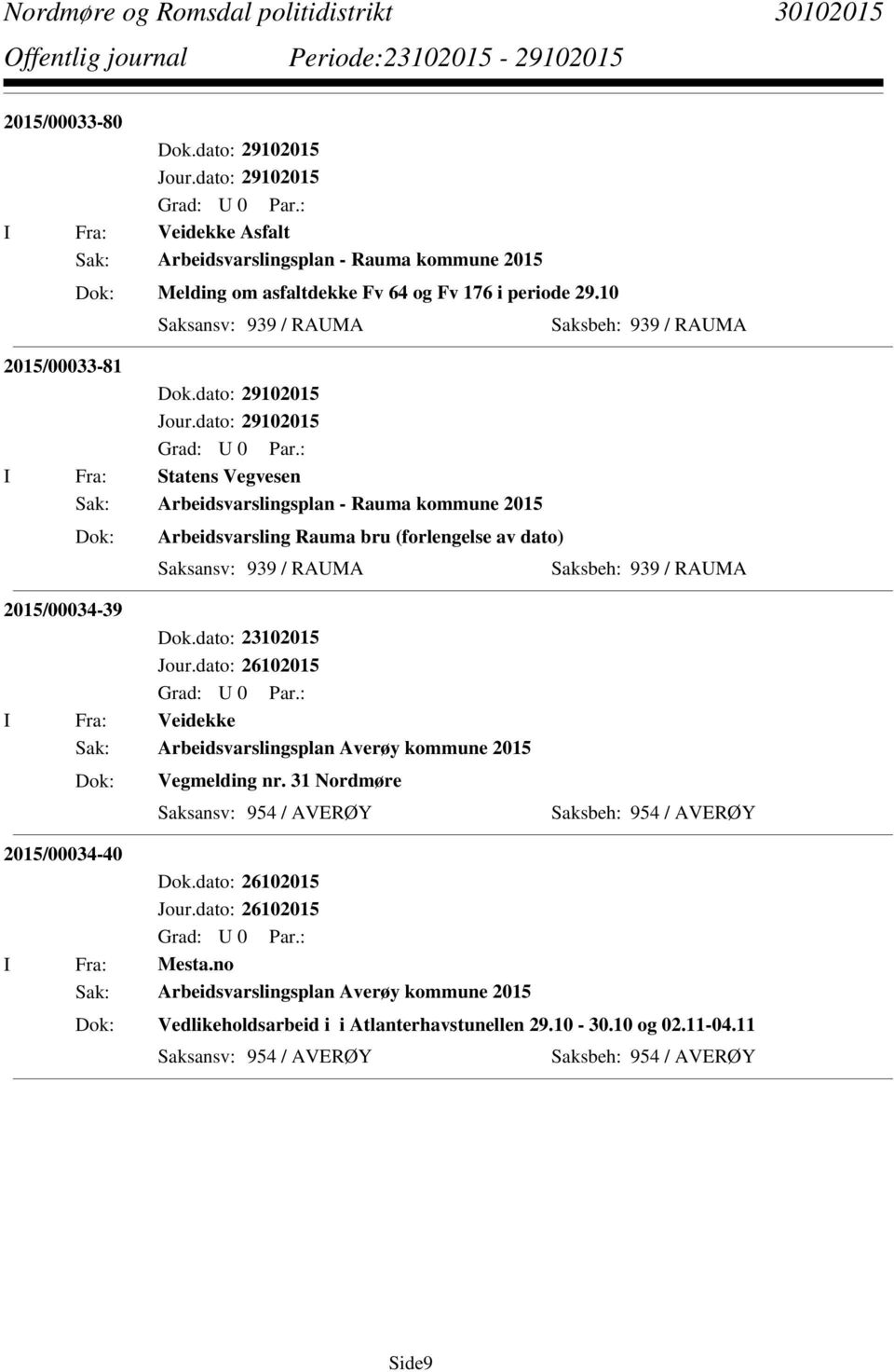 dato: 29102015 I Fra: Statens Vegvesen Sak: Arbeidsvarslingsplan - Rauma kommune 2015 Arbeidsvarsling Rauma bru (forlengelse av dato) Saksansv: 939 / RAUMA Saksbeh: 939 / RAUMA