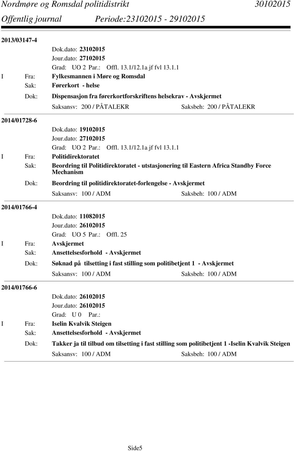 politidirektoratet-forlengelse - Avskjermet 2014/01766-4 Dok.dato: 11082015 Grad: UO 5 Par.: Offl.