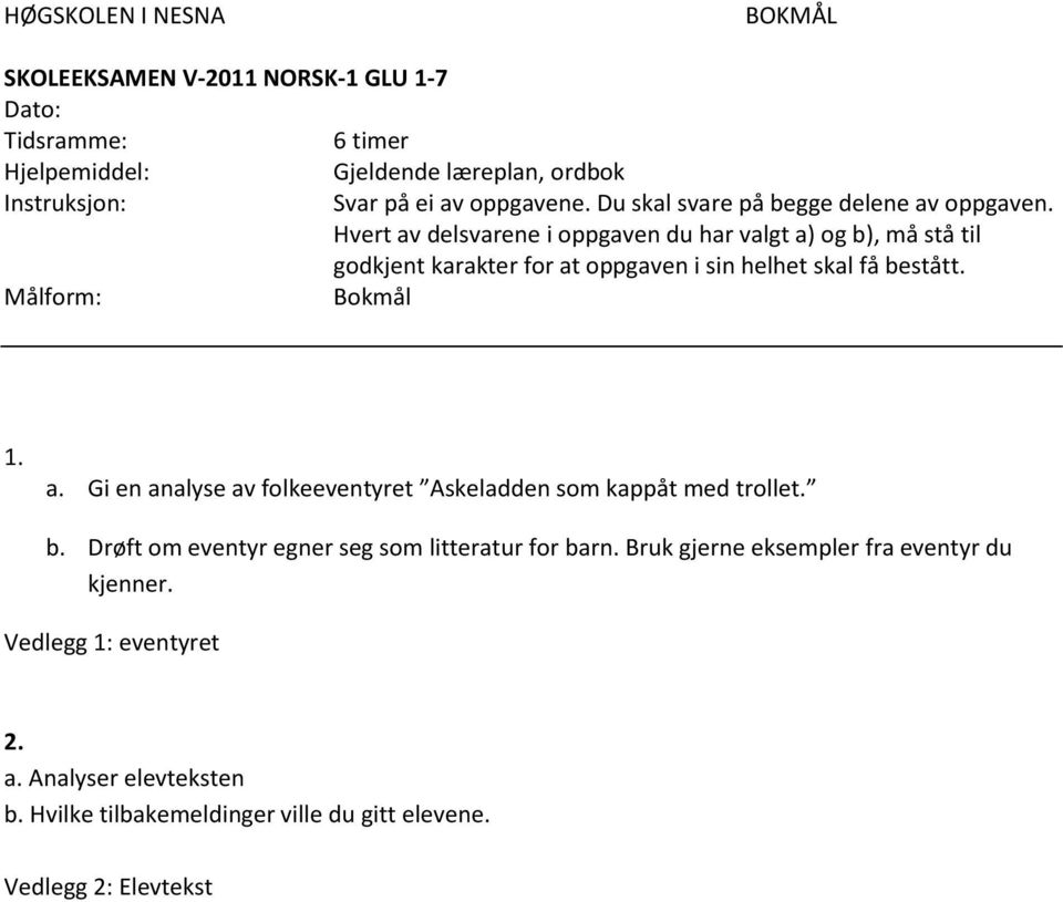 Hvert av delsvarene i oppgaven du har valgt a) og b), må stå til godkjent karakter for at oppgaven i sin helhet skal få bestått. Målform: Bokmål 1. a. Gi en analyse av folkeeventyret Askeladden som kappåt med trollet.