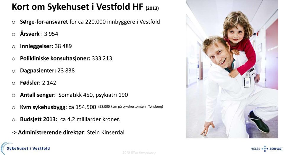 213 o Dagpasienter: 23 838 o Fødsler: 2 142 o Antall senger: Somatikk 450, psykiatri 190 o Kvm