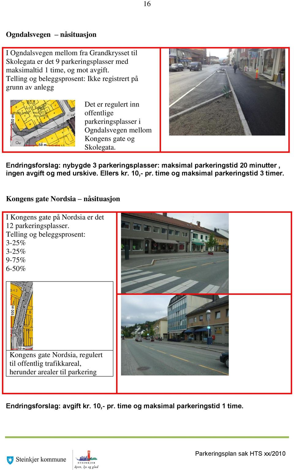 Endringsforslag: nybygde 3 parkeringsplasser: maksimal parkeringstid 20 minutter, ingen avgift og med urskive. Ellers kr. 10,- pr. time og maksimal parkeringstid 3 timer.