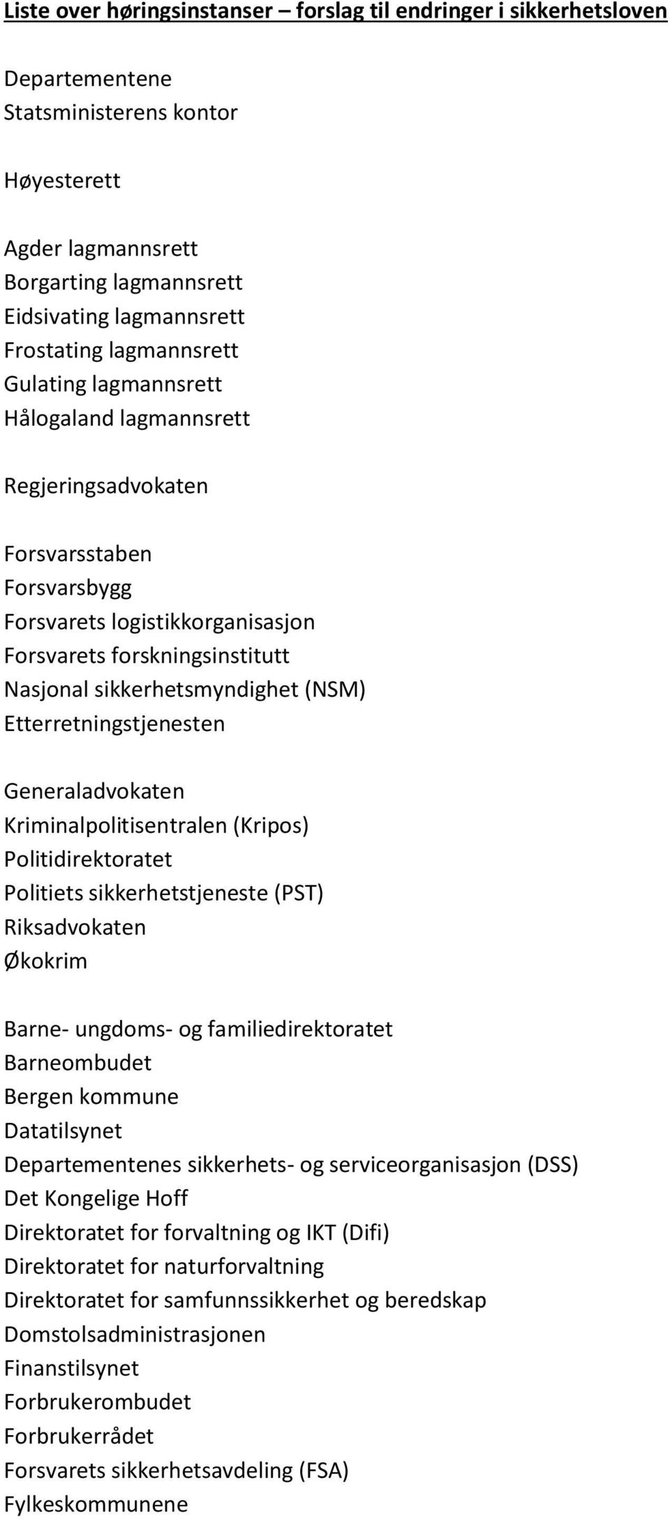 (NSM) Etterretningstjenesten Generaladvokaten Kriminalpolitisentralen (Kripos) Politidirektoratet Politiets sikkerhetstjeneste (PST) Riksadvokaten Økokrim Barne- ungdoms- og familiedirektoratet