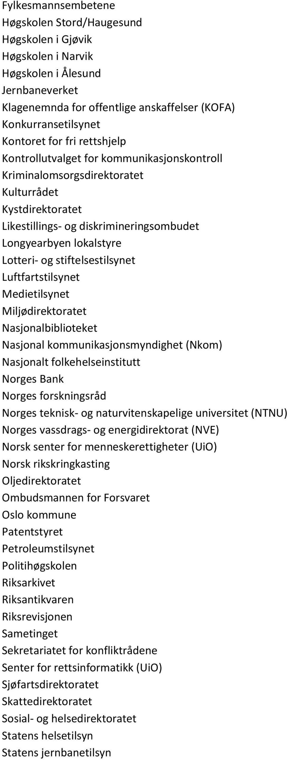 stiftelsestilsynet Luftfartstilsynet Medietilsynet Miljødirektoratet Nasjonalbiblioteket Nasjonal kommunikasjonsmyndighet (Nkom) Nasjonalt folkehelseinstitutt Norges Bank Norges forskningsråd Norges