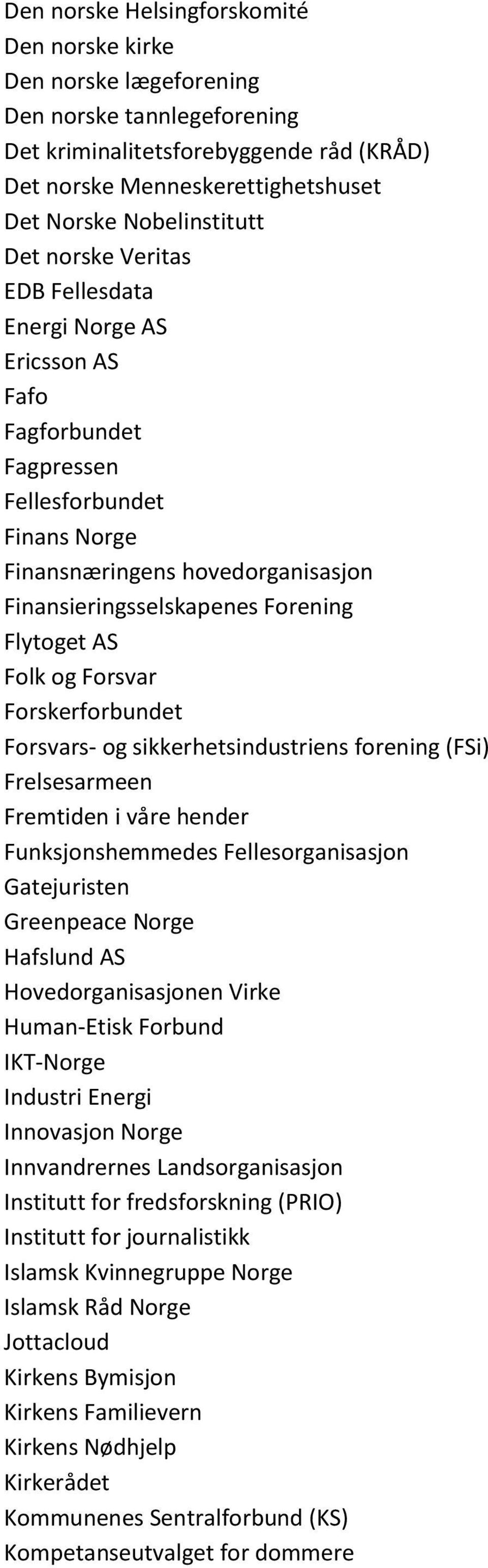 Folk og Forsvar Forskerforbundet Forsvars- og sikkerhetsindustriens forening (FSi) Frelsesarmeen Fremtiden i våre hender Funksjonshemmedes Fellesorganisasjon Gatejuristen Greenpeace Norge Hafslund AS