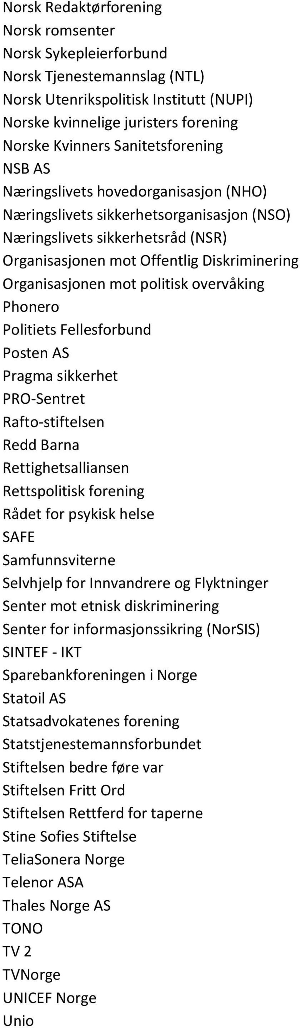 mot politisk overvåking Phonero Politiets Fellesforbund Posten AS Pragma sikkerhet PRO-Sentret Rafto-stiftelsen Redd Barna Rettighetsalliansen Rettspolitisk forening Rådet for psykisk helse SAFE