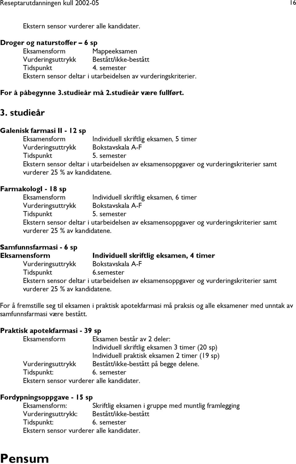 studieår må 2.studieår være fullført. 3. studieår Galenisk farmasi II - 12 sp Eksamensform Individuell skriftlig eksamen, 5 timer Vurderingsuttrykk Bokstavskala A-F Tidspunkt 5.