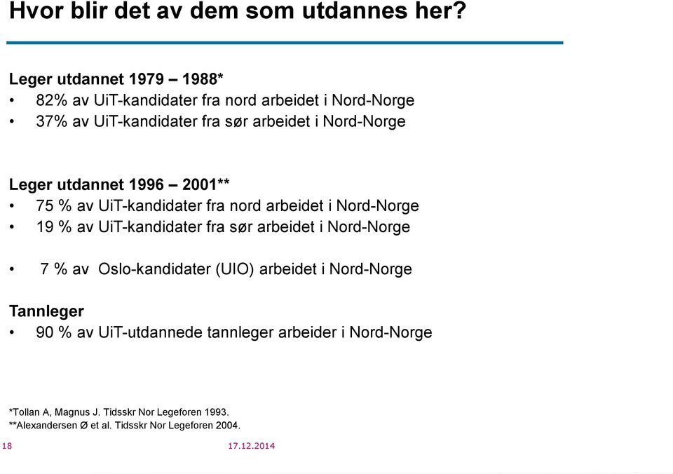 Leger utdannet 1996 2001** 75 % av UiT-kandidater fra nord arbeidet i Nord-Norge 19 % av UiT-kandidater fra sør arbeidet i Nord-Norge