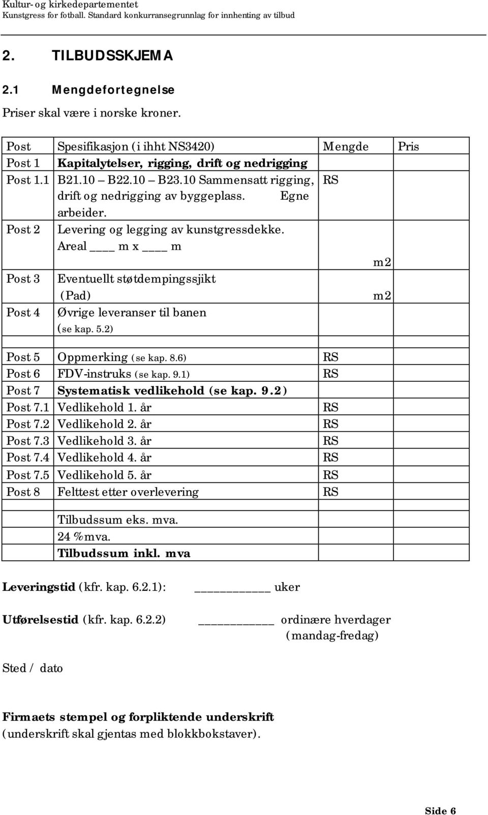 Areal m x m m2 Post 3 Eventuellt støtdempingssjikt (Pad) m2 Post 4 Øvrige leveranser til banen (se kap. 5.2) Post 5 Oppmerking (se kap. 8.6) RS Post 6 FDV-instruks (se kap. 9.