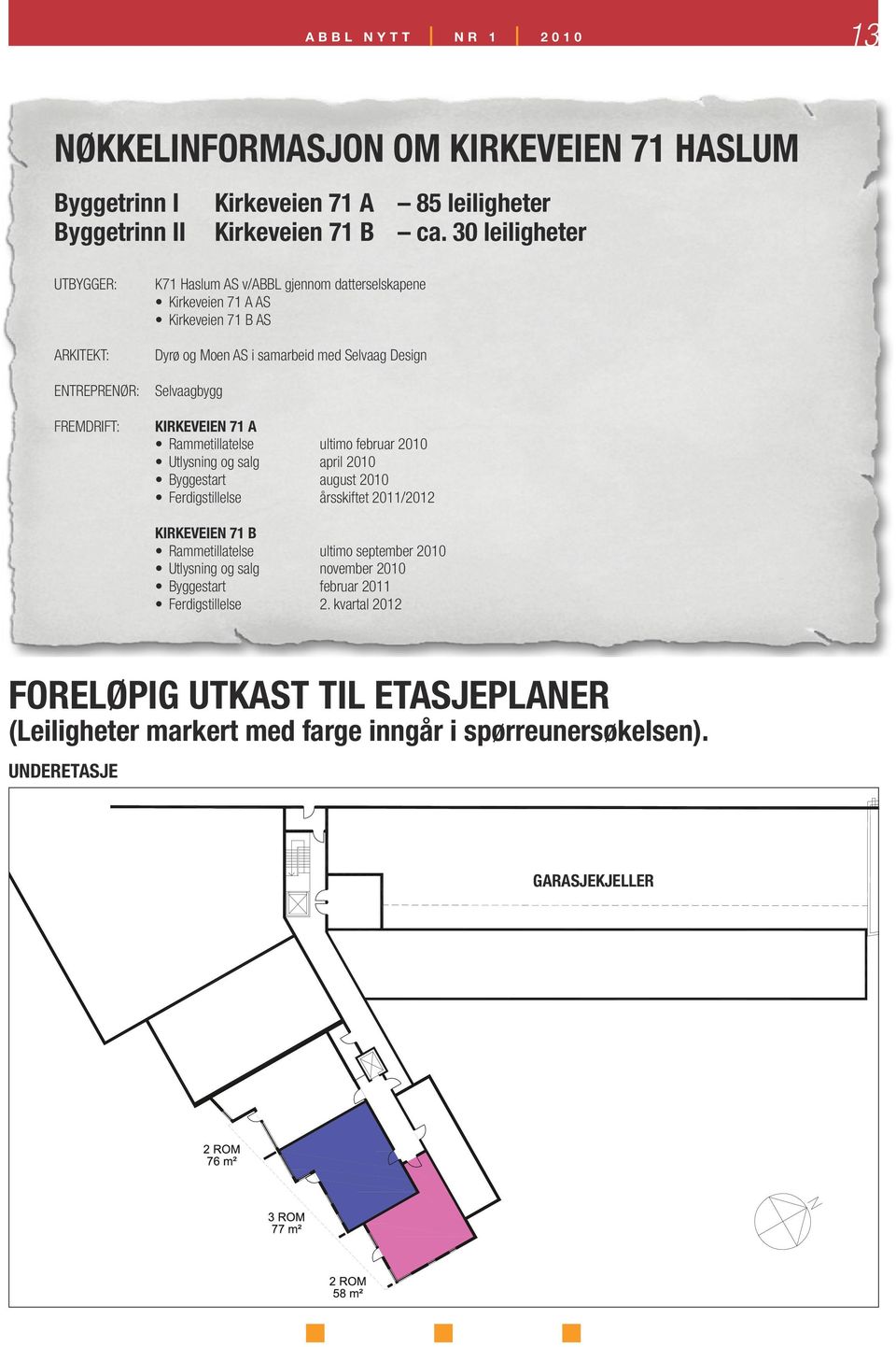 Design Selvaagbygg KIRKEVEIEN 71 A Rammetillatelse ultimo februar 2010 Utlysning og salg april 2010 Byggestart august 2010 Ferdigstillelse årsskiftet 2011/2012 KIRKEVEIEN 71 B