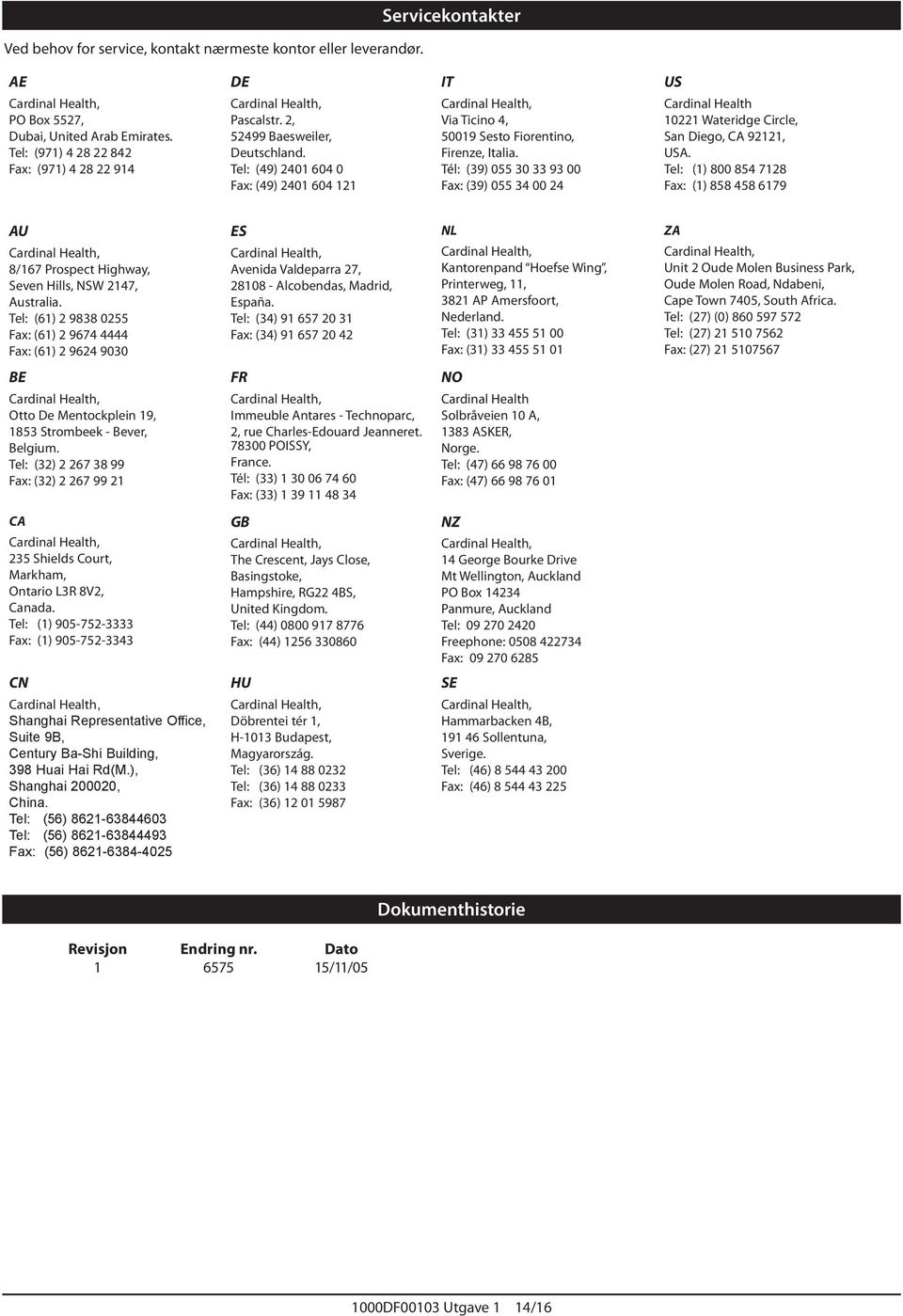 Tél: (39) 055 30 33 93 00 Fax: (39) 055 34 00 24 US Cardinal Health 10221 Wateridge Circle, San Diego, CA 92121, USA.