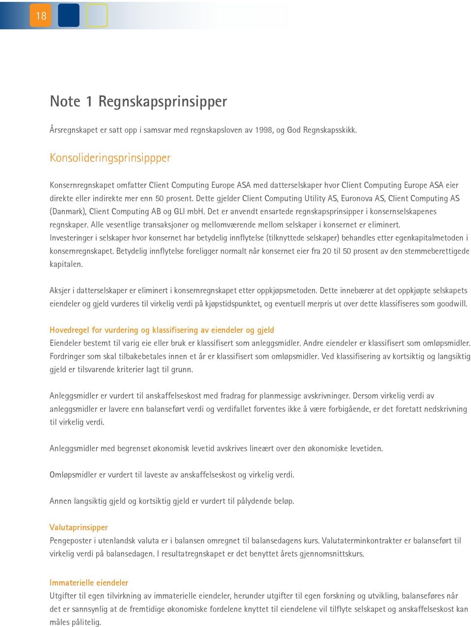 Dette gjelder Client Computing Utility AS, Euronova AS, Client Computing AS (Danmark), Client Computing AB og GLI mbh. Det er anvendt ensartede regnskapsprinsipper i konsernselskapenes regnskaper.