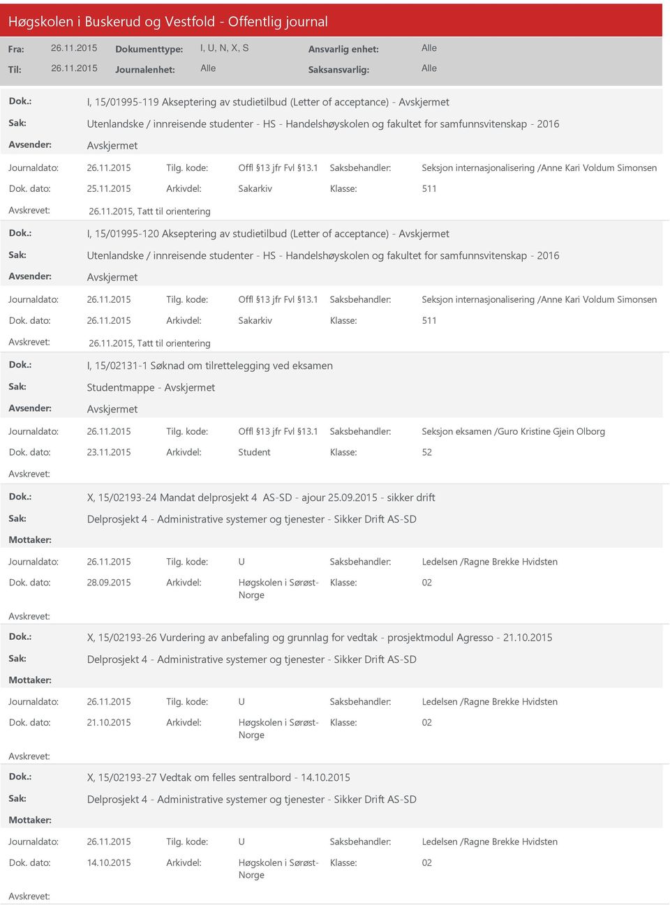 2015 Arkivdel: Sakarkiv 511, Tatt til orientering I, 15/01995-120 Akseptering av studietilbud (Letter of acceptance) - tenlandske / innreisende studenter - HS - Handelshøyskolen og fakultet for