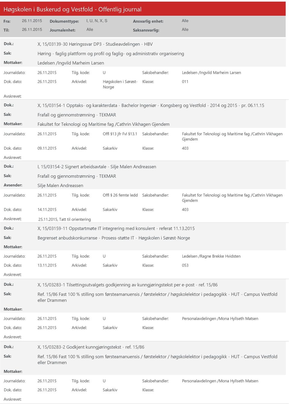 X, 15/03154-1 Opptaks- og karakterdata - Bachelor Ingeniør - Kongsberg og Vestfold - 2014 og 2015 - pr. 06.11.