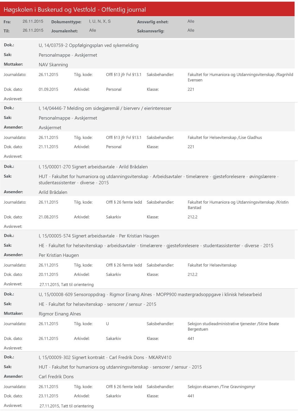 2015 Arkivdel: Personal I, 15/00001-270 Signert arbeidsavtale - Arild Brådalen HT - Fakultet for humaniora og utdanningsvitenskap - Arbeidsavtaler - timelærere - gjesteforelesere - øvingslærere -