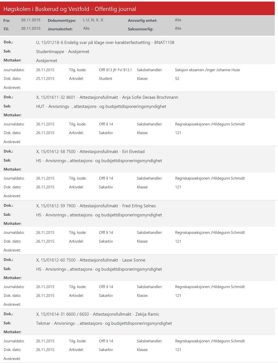 2015 Arkivdel: Student X, 15/01611-32 8601 - Attestasjonsfullmakt - Anja Sofie Deraas Brochmann HT - Anvisnings-, attestasjons- og budsjettdisponeringsmyndighet Dok.