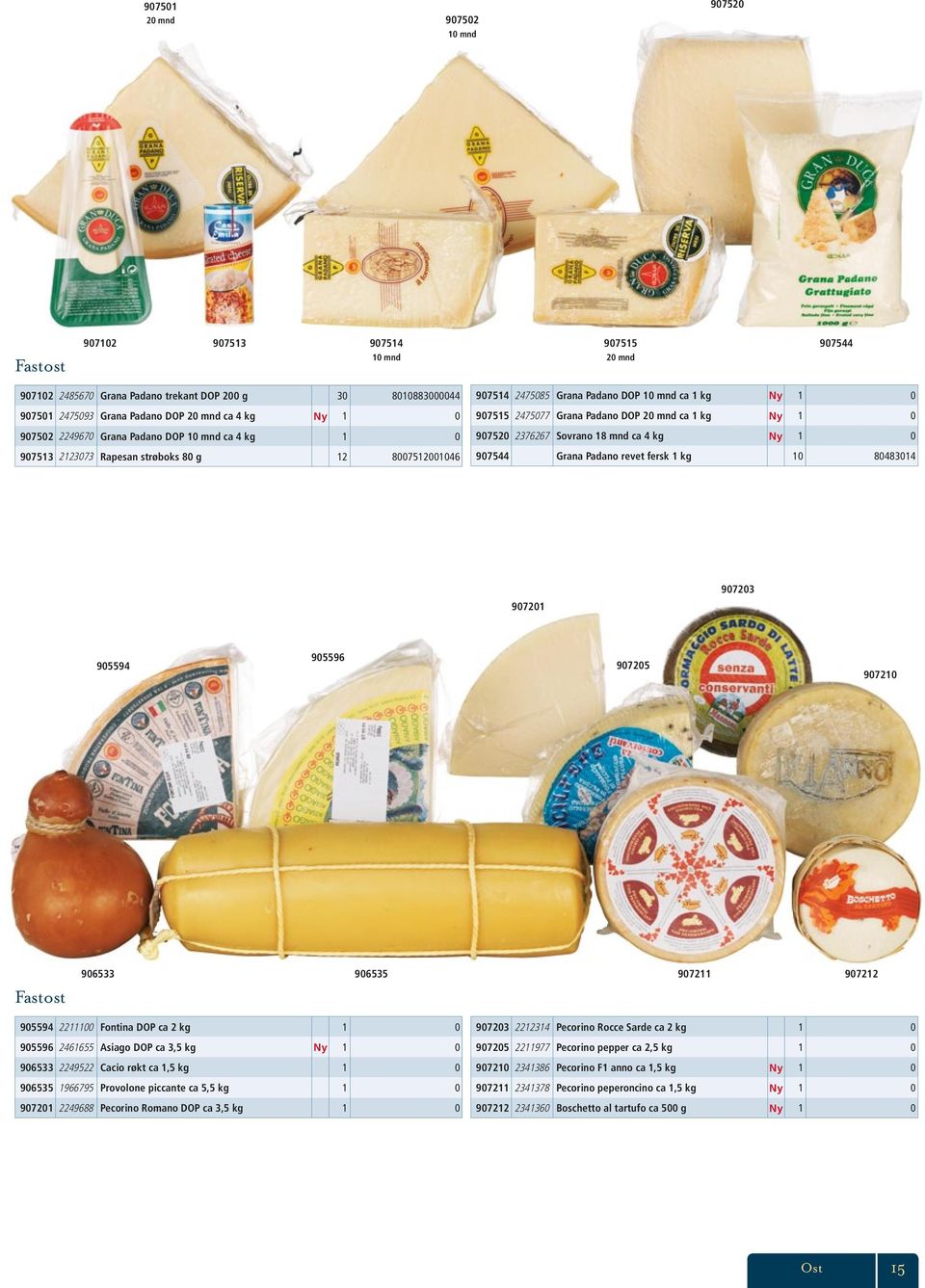 DOP 20 mnd ca 1 kg Ny 1 0 907520 2376267 Sovrano 18 mnd ca 4 kg Ny 1 0 907544 Grana Padano revet fersk 1 kg 10 80483014 907201 907203 905594 905596 907205 907210 Fastost 906533 906535 907211 907212