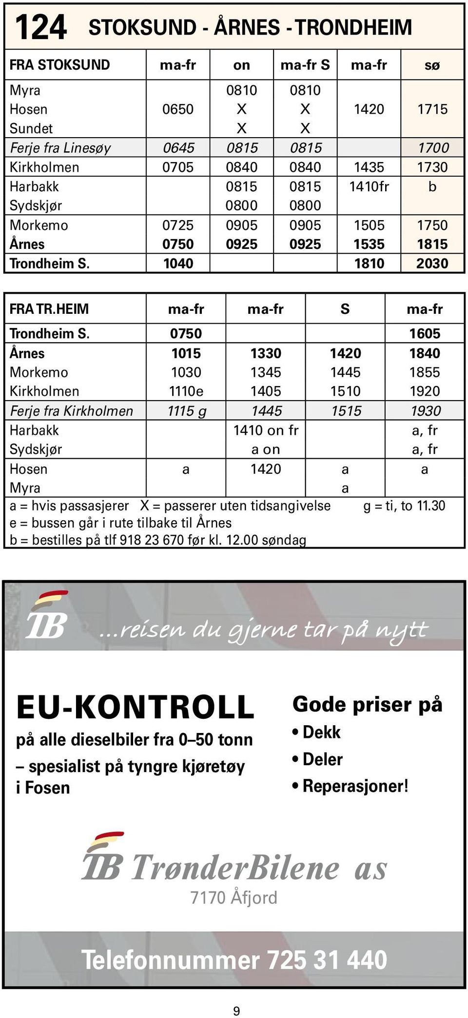 0750 1605 Årnes 1015 1330 1420 1840 Morkemo 1030 1345 1445 1855 Kirkholmen 1110e 1405 1510 1920 Ferje fr Kirkholmen 1115 g 1445 1515 1930 Hrbkk 1410 on fr, fr Sydskjør on, fr Hosen 1420 Myr = hvis