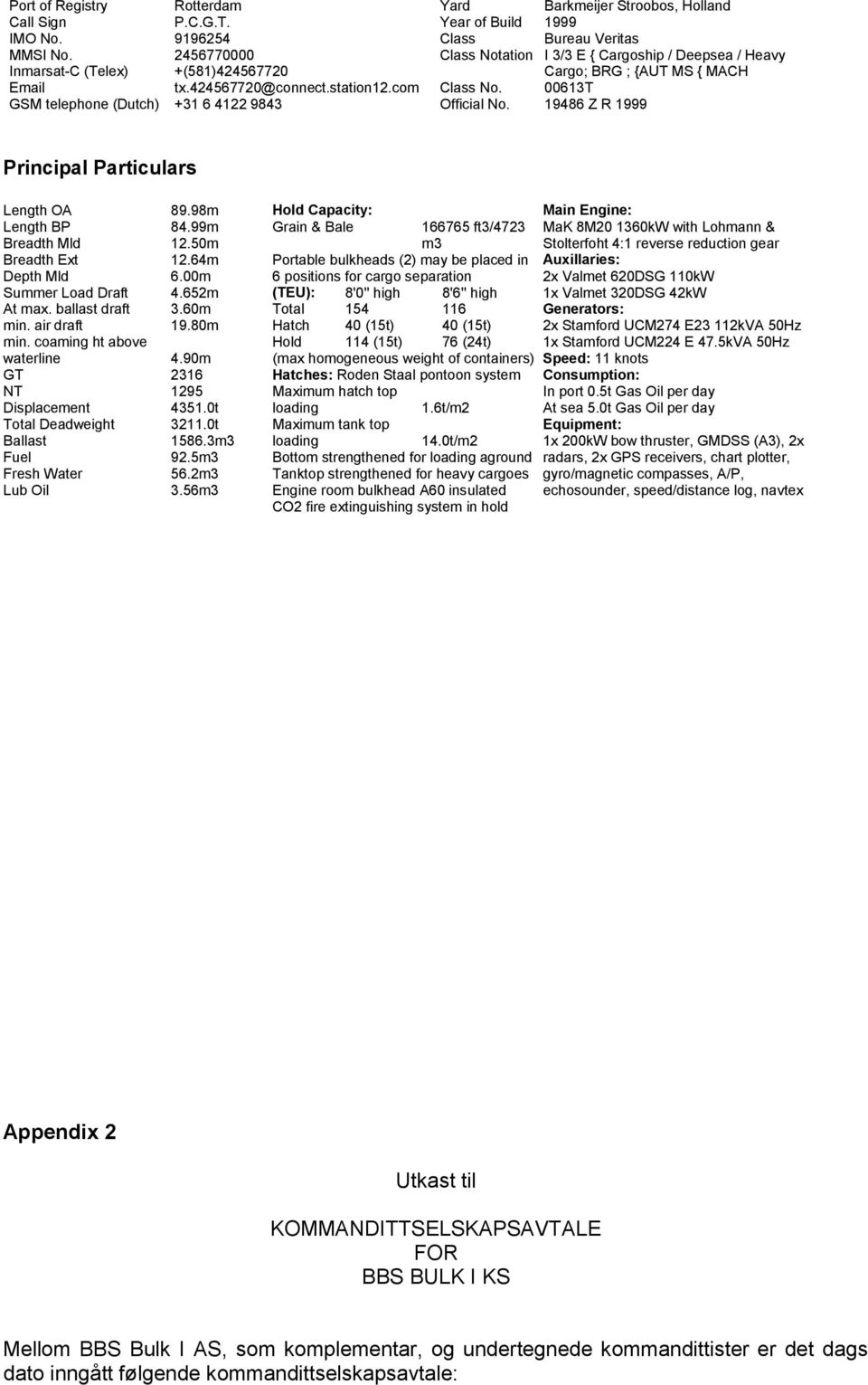 Barkmeijer Stroobos, Holland 1999 Bureau Veritas I 3/3 E { Cargoship / Deepsea / Heavy Cargo; BRG ; {AUT MS { MACH 00613T 19486 Z R 1999 Principal Particulars Length OA Length BP Breadth Mld Breadth