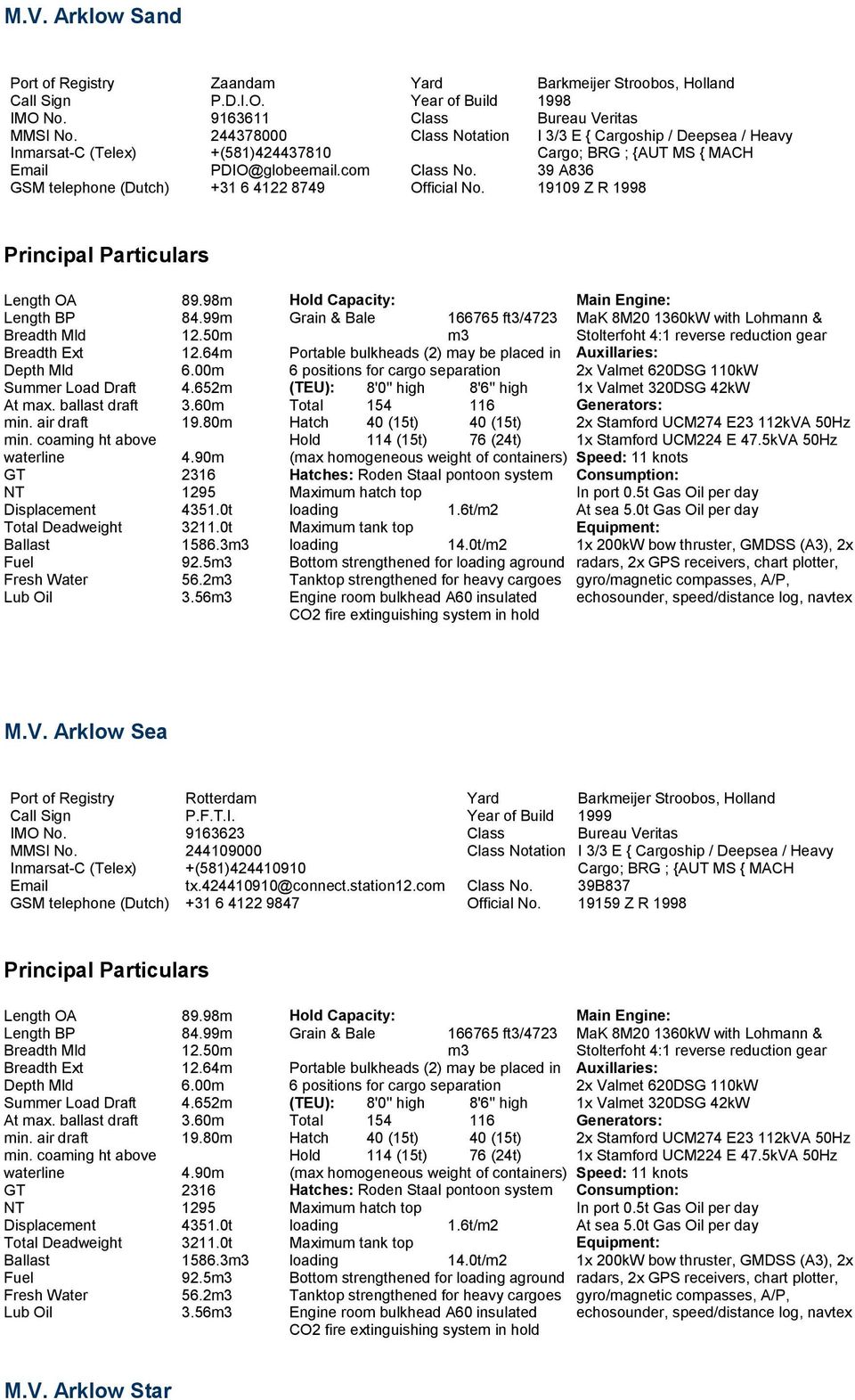 Barkmeijer Stroobos, Holland 1998 Bureau Veritas I 3/3 E { Cargoship / Deepsea / Heavy Cargo; BRG ; {AUT MS { MACH 39 A836 19109 Z R 1998 Principal Particulars Length OA Length BP Breadth Mld Breadth