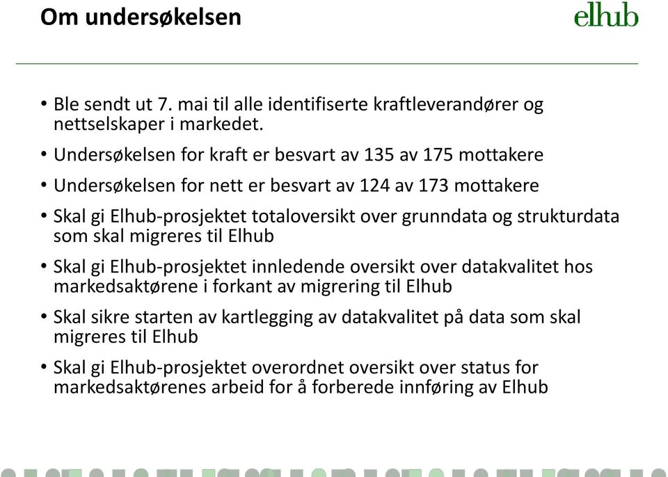 grunndata og strukturdata som skal migreres til Elhub Skal gi Elhub-prosjektet innledende oversikt over datakvalitet hos markedsaktørene i forkant av migrering