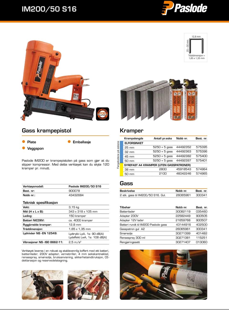 : 43432684 Teknisk spesifikasjon Vekt: Mål (H x L x B): Lading: Batteri NICD6V: Ryggbredde kramper: Tråddimensjon: Lydnivåer NS - EN 12549: Vibrasjoner NS - ISO 8662-11: 2,5 m/s 2 3,15 kg 343 x 318 x