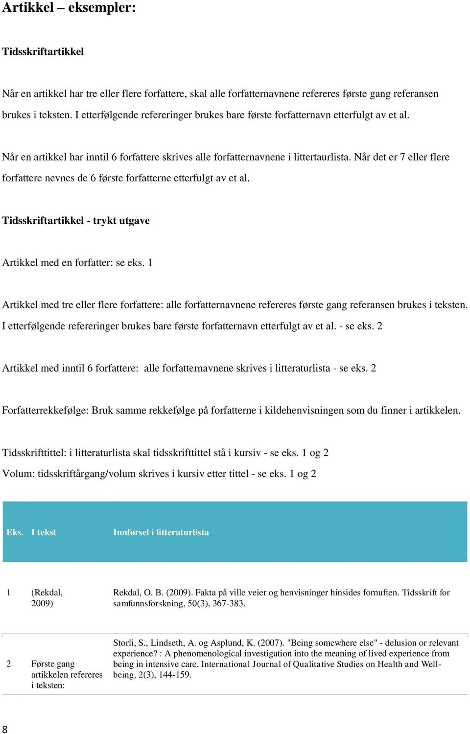 Når det er 7 eller flere forfattere nevnes de 6 første forfatterne etterfulgt av et al. Tidsskriftartikkel - trykt utgave Artikkel med en forfatter: se eks.