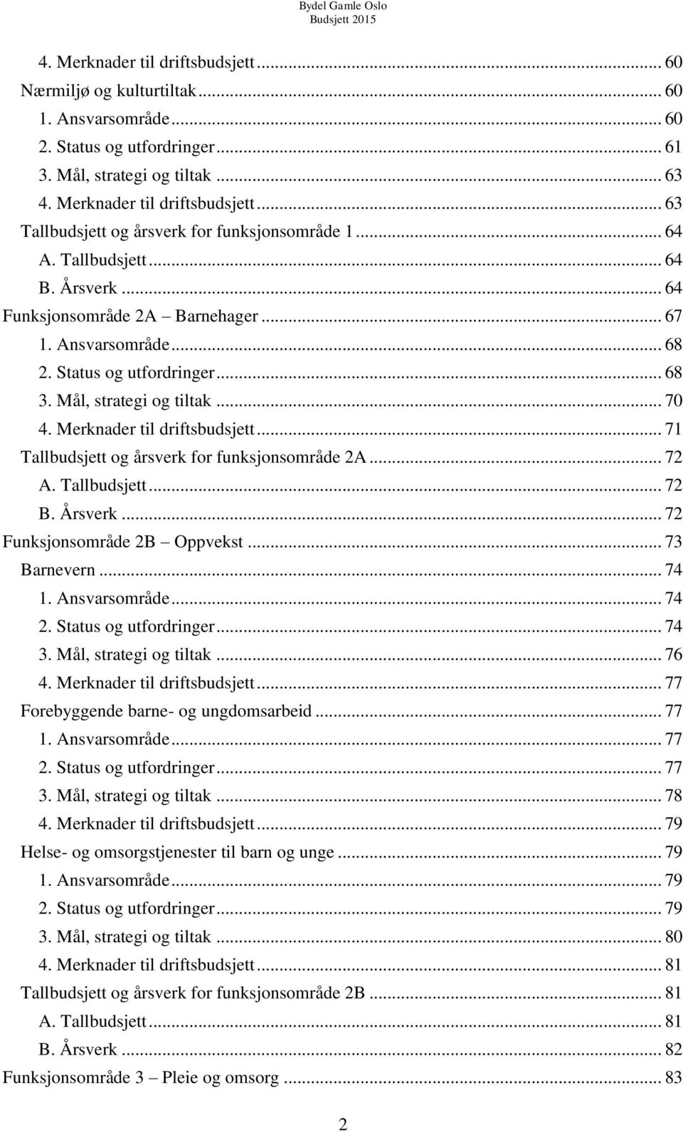 Merknader til driftsbudsjett... 71 Tallbudsjett og årsverk for funksjonsområde 2A... 72 A. Tallbudsjett... 72 B. Årsverk... 72 Funksjonsområde 2B Oppvekst... 73 Barnevern... 74 1. Ansvarsområde... 74 2.