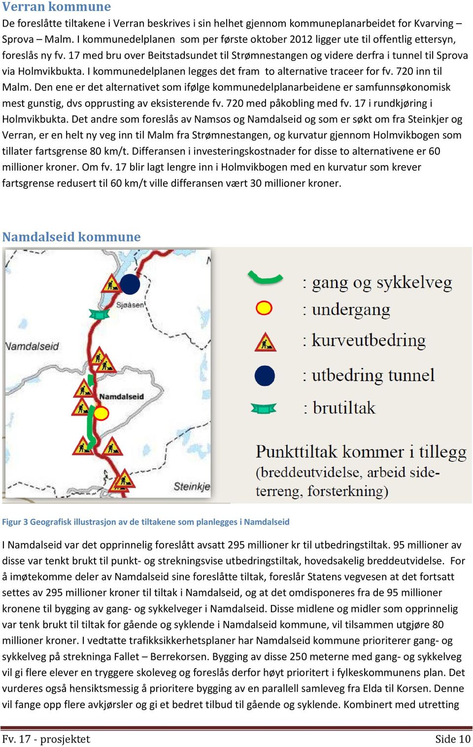 17 med bru over Beitstadsundet til Strømnestangen og videre derfra i tunnel til Sprova via Holmvikbukta. I kommunedelplanen legges det fram to alternative traceer for fv. 720 inn til Malm.