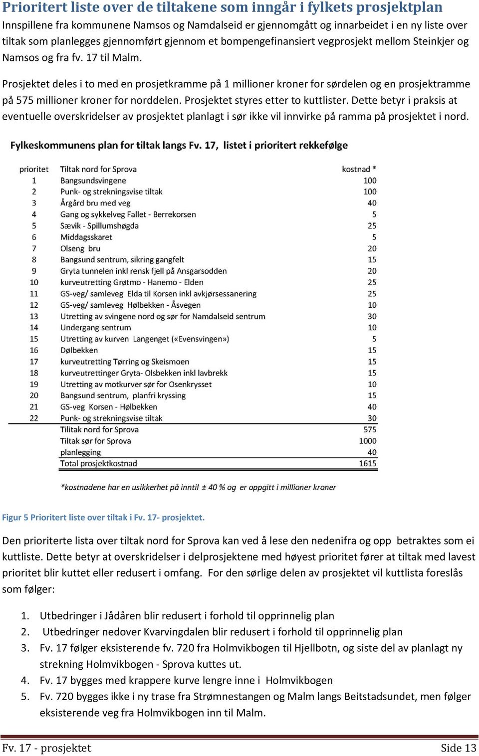 Prosjektet deles i to med en prosjetkramme på 1 millioner kroner for sørdelen og en prosjektramme på 575 millioner kroner for norddelen. Prosjektet styres etter to kuttlister.