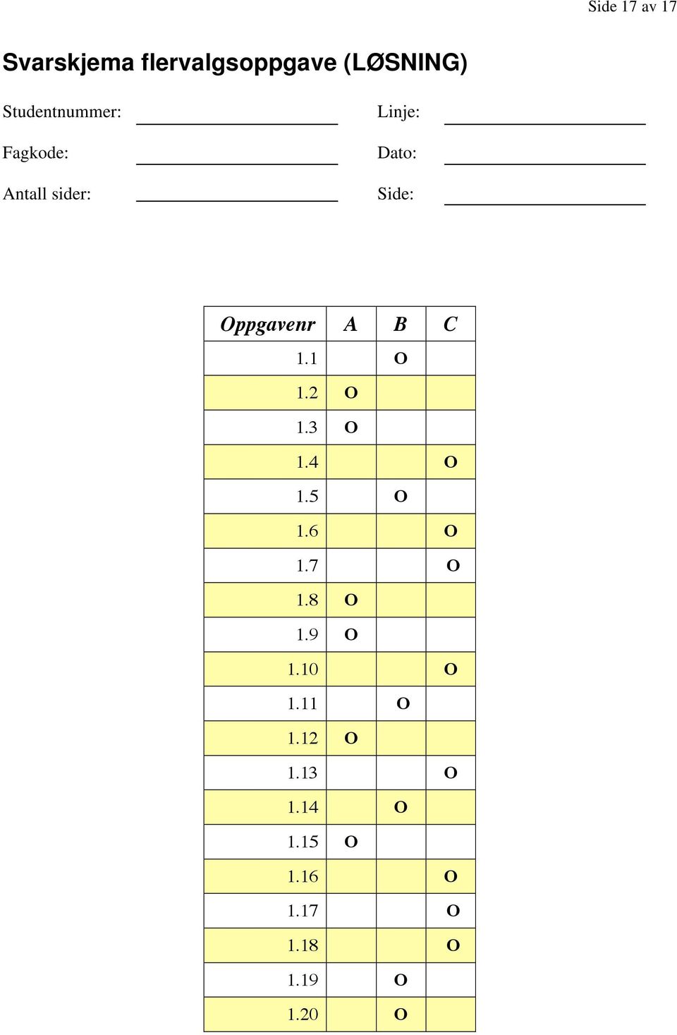 Oppgavenr A B C 1.1 O 1.2 O 1.3 O 1.4 O 1.5 O 1.6 O 1.7 O 1.