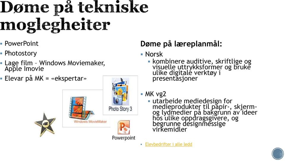 verktøy i presentasjoner MK vg2 utarbeide mediedesign for medieprodukter til papir-, skjermog lydmedier