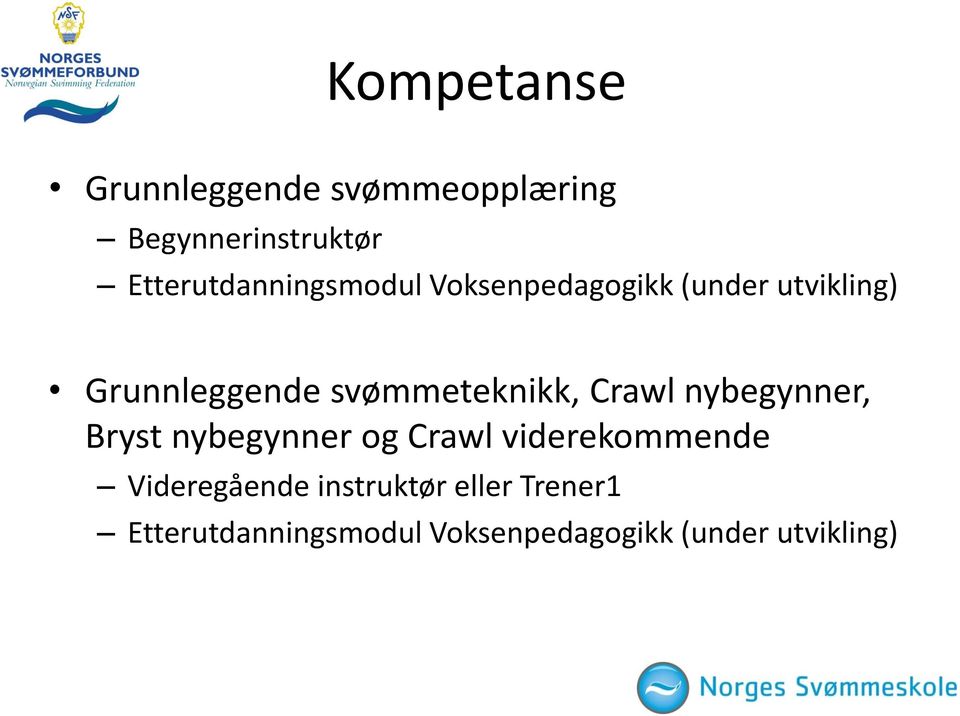 svømmeteknikk, Crawl nybegynner, Bryst nybegynner og Crawl viderekommende