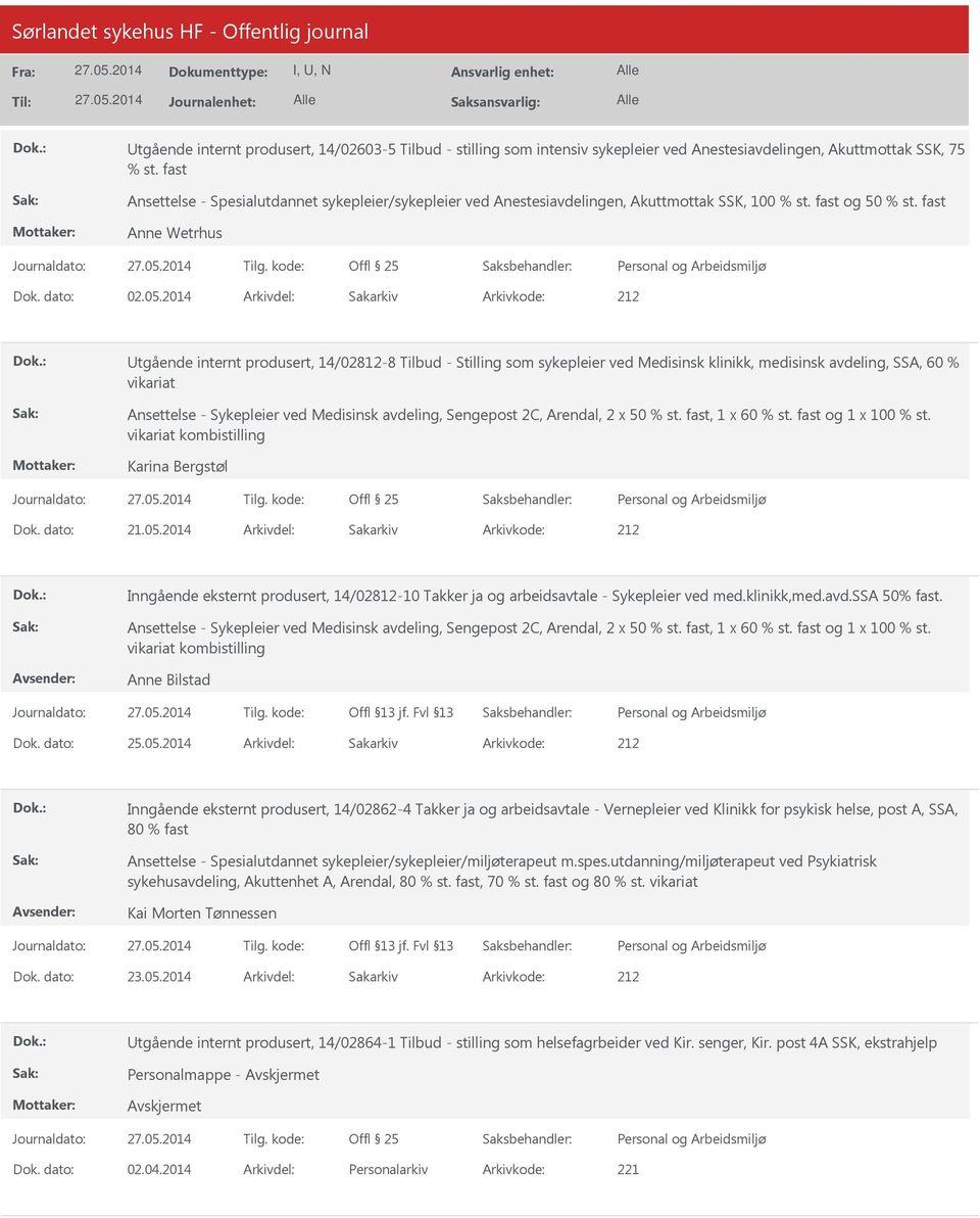 2014 Arkivdel: Sakarkiv tgående internt produsert, 14/02812-8 Tilbud - Stilling som sykepleier ved, medisinsk avdeling, SSA, 60 % vikariat Ansettelse - Sykepleier ved Medisinsk avdeling, Sengepost