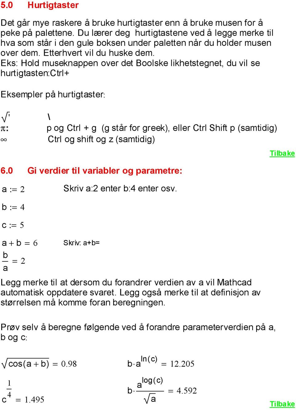 Eks: Hold museknappen over det Boolske likhetstegnet, du vil se hurtigtasten:ctrl+ Eksempler på hurtigtaster: ' \ p: p og Ctrl + g (g står for greek), eller Ctrl Shift p (samtidig) Ctrl og shift og z