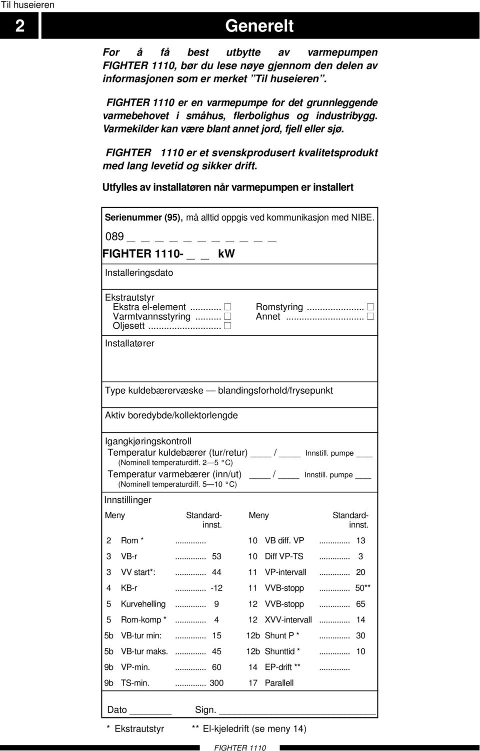 er et svenskprodusert kvalitetsprodukt med lang levetid og sikker drift. Utfylles av installatøren når varmepumpen er installert Serienummer (95), må alltid oppgis ved kommunikasjon med NIBE.