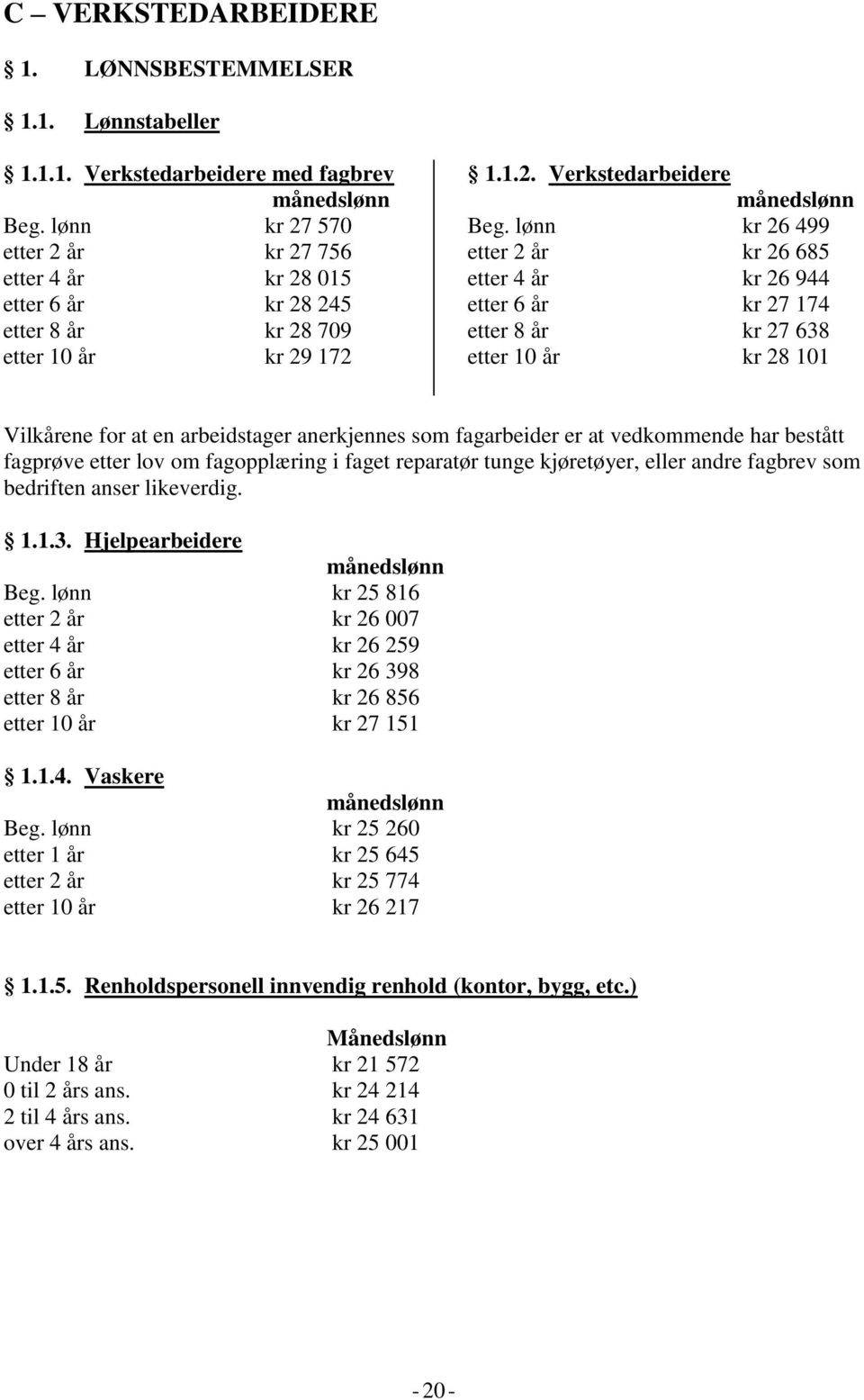 lønn kr 26 499 etter 2 år kr 26 685 etter 4 år kr 26 944 etter 6 år kr 27 174 etter 8 år kr 27 638 etter 10 år kr 28 101 Vilkårene for at en arbeidstager anerkjennes som fagarbeider er at vedkommende