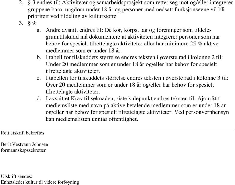 Andre avsnitt endres til: De kor, korps, lag og foreninger som tildeles grunntilskudd må dokumentere at aktiviteten integrerer personer som har behov for spesielt tilrettelagte aktiviteter eller har