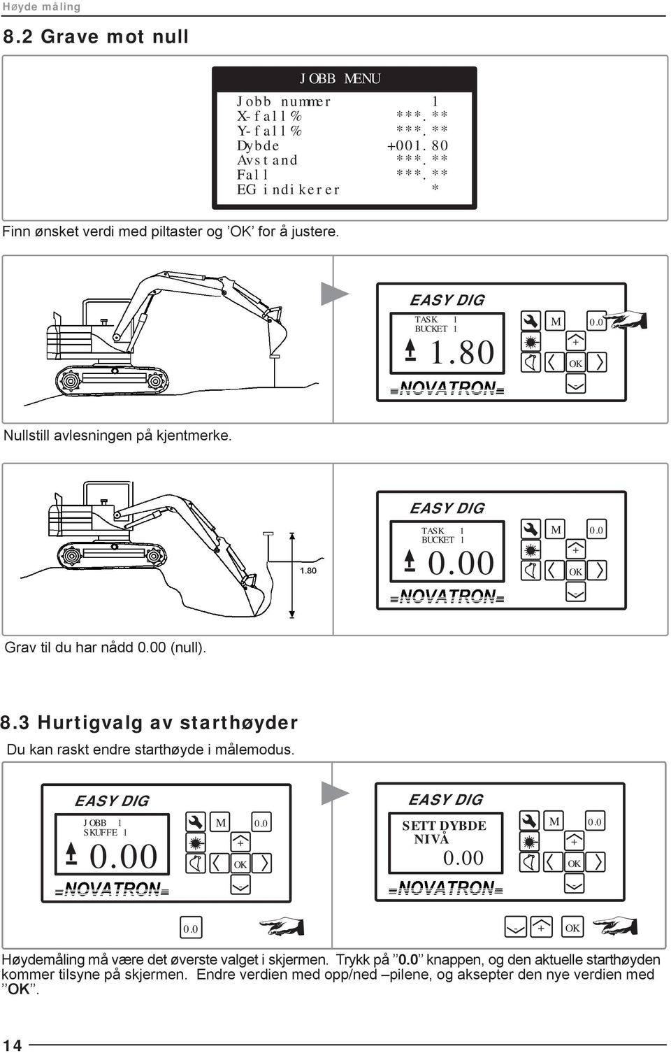 TASK BUCKET 0 Grav til du har nådd 0 (null). 8.3 Hurtigvalg av starthøyder Du kan raskt endre starthøyde i målemodus.