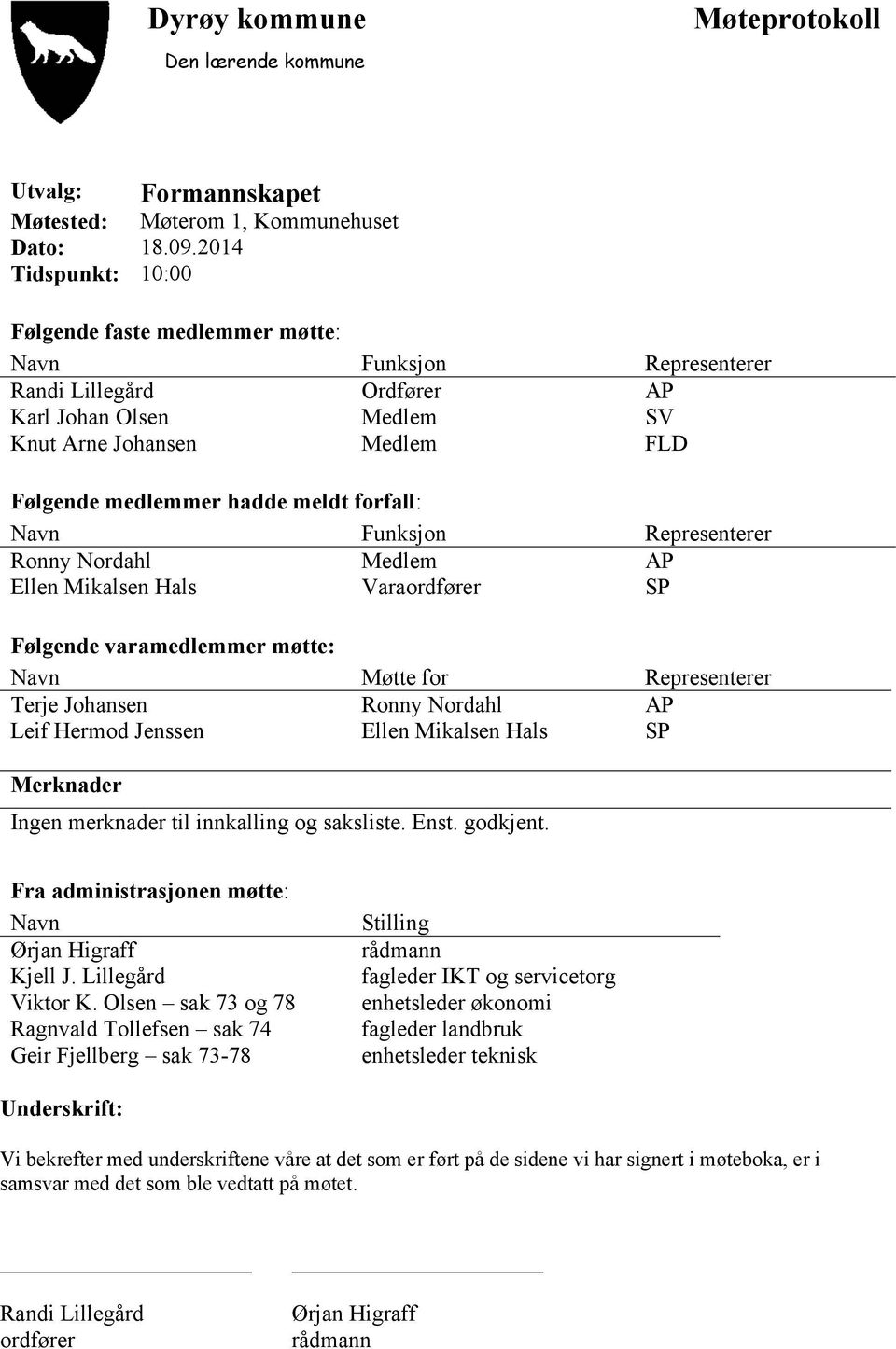 forfall: Navn Funksjon Representerer Ronny Nordahl Medlem AP Ellen Mikalsen Hals Varaordfører SP Følgende varamedlemmer møtte: Navn Møtte for Representerer Terje Johansen Ronny Nordahl AP Leif Hermod