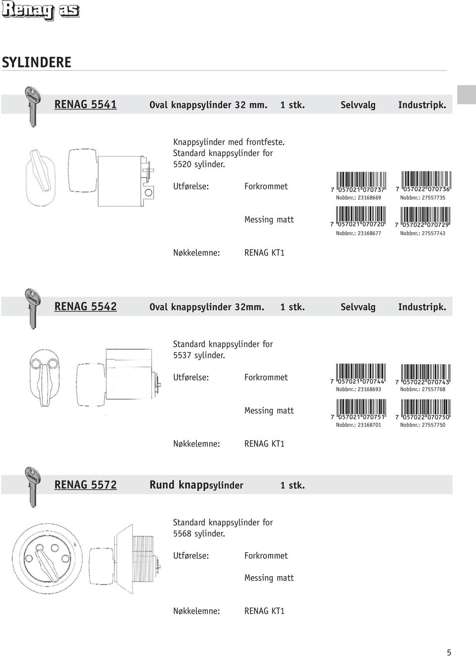 : 27557743 RENAG 5542 Oval knappsylinder 32mm. 1 stk. Selvvalg Industripk. Standard knappsylinder for 5537 sylinder.