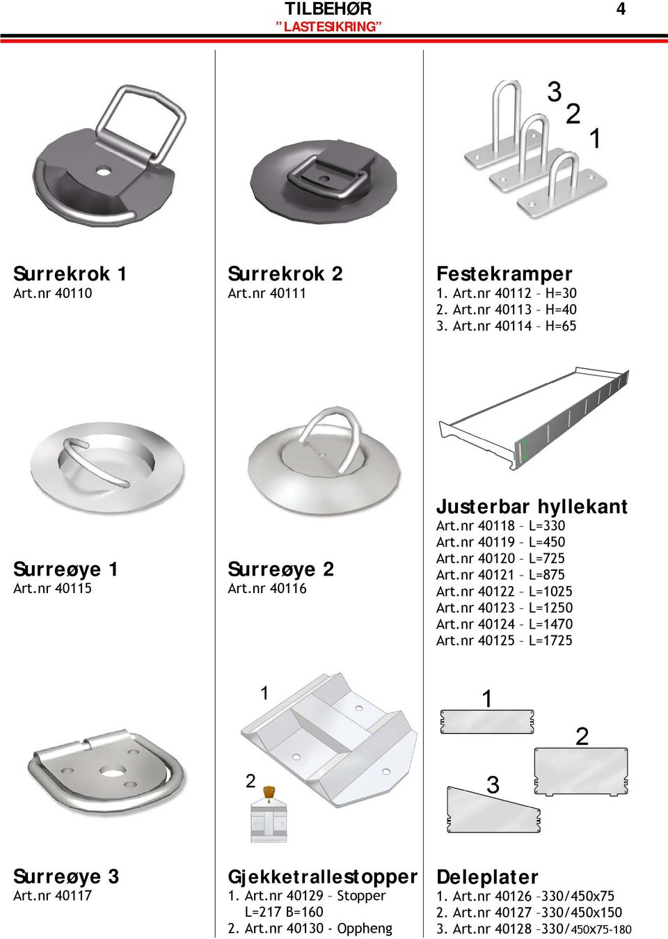 nr 40122 L=1025 Art.nr 40123 L=1250 Art.nr 40124 L=1470 Art.nr 40125 L=1725 Surreøye 3 Art.nr 40117 Gjekketrallestopper 1. Art.nr 40129 Stopper L=217 B=160 2.