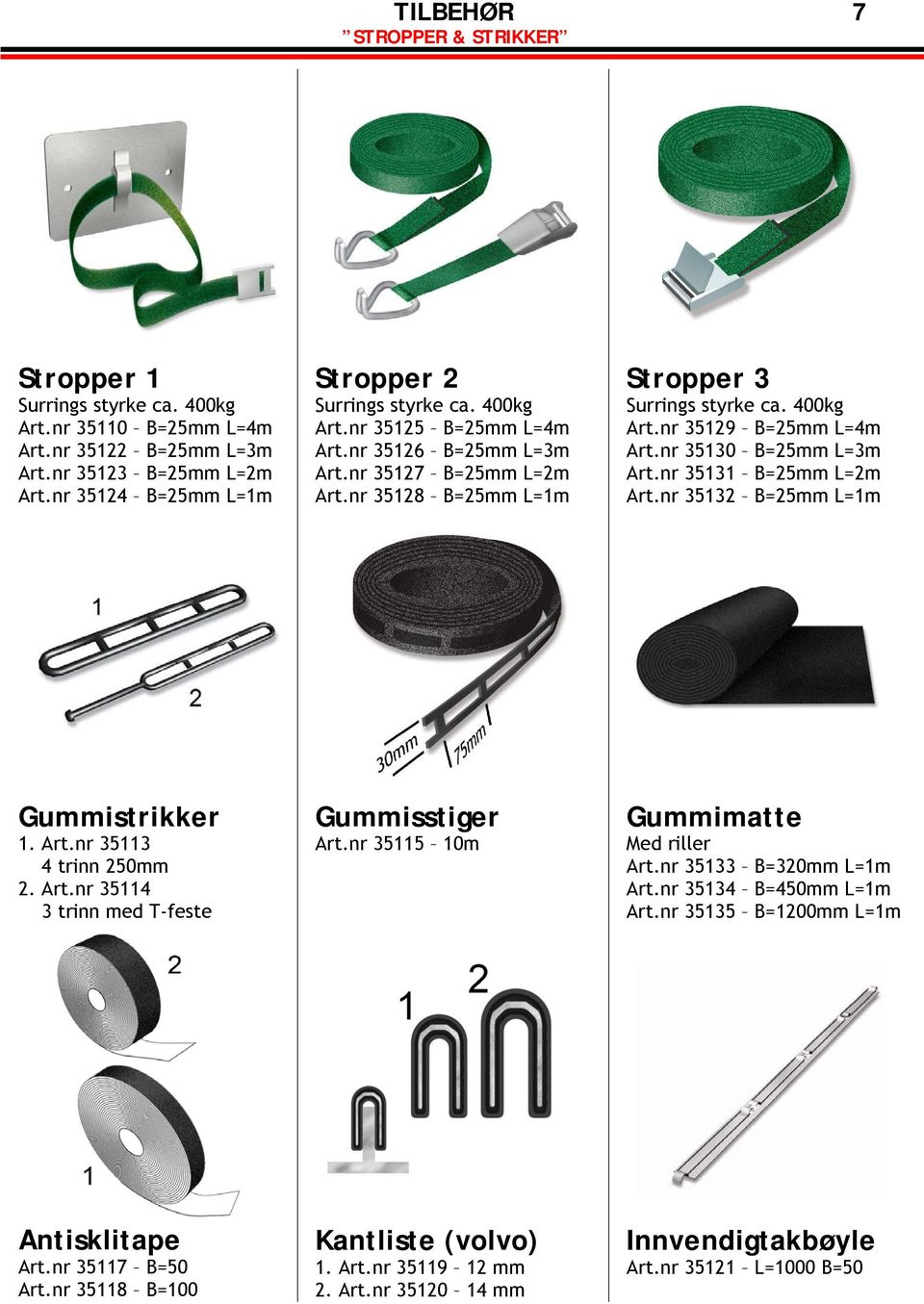 nr 35131 B=25mm L=2m Art.nr 35132 B=25mm L=1m Gummistrikker 1. Art.nr 35113 4 trinn 250mm 2. Art.nr 35114 3 trinn med T-feste Gummisstiger Art.nr 35115 10m Gummimatte Med riller Art.