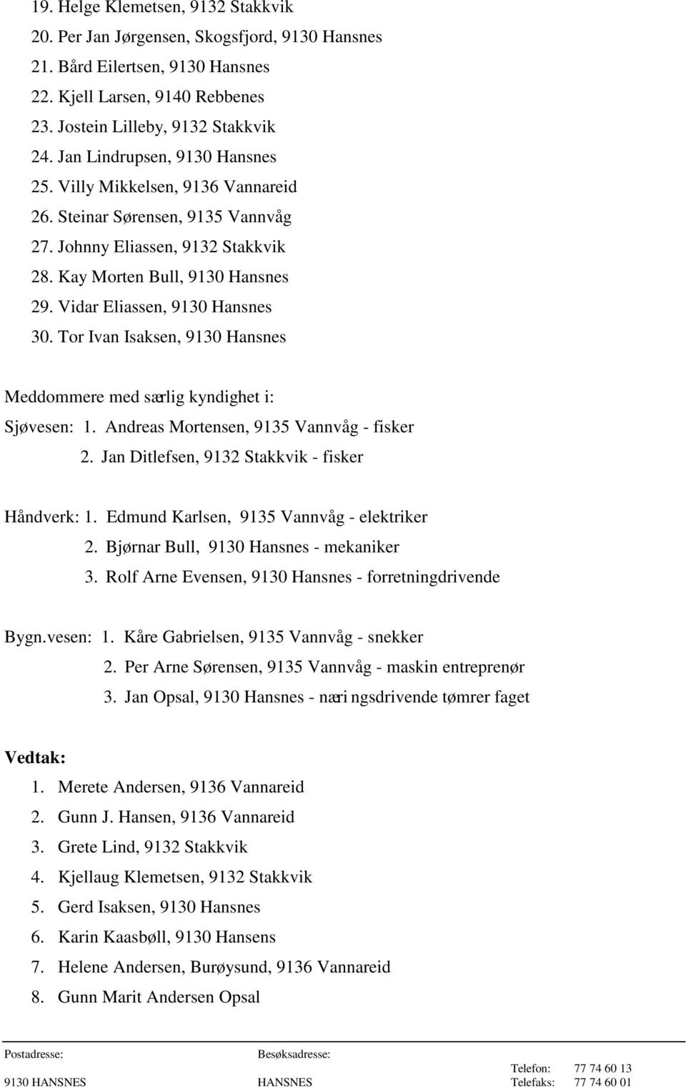 Vidar Eliassen, 9130 Hansnes 30. Tor Ivan Isaksen, 9130 Hansnes Meddommere med særlig kyndighet i: Sjøvesen: 1. Andreas Mortensen, 9135 Vannvåg - fisker 2.