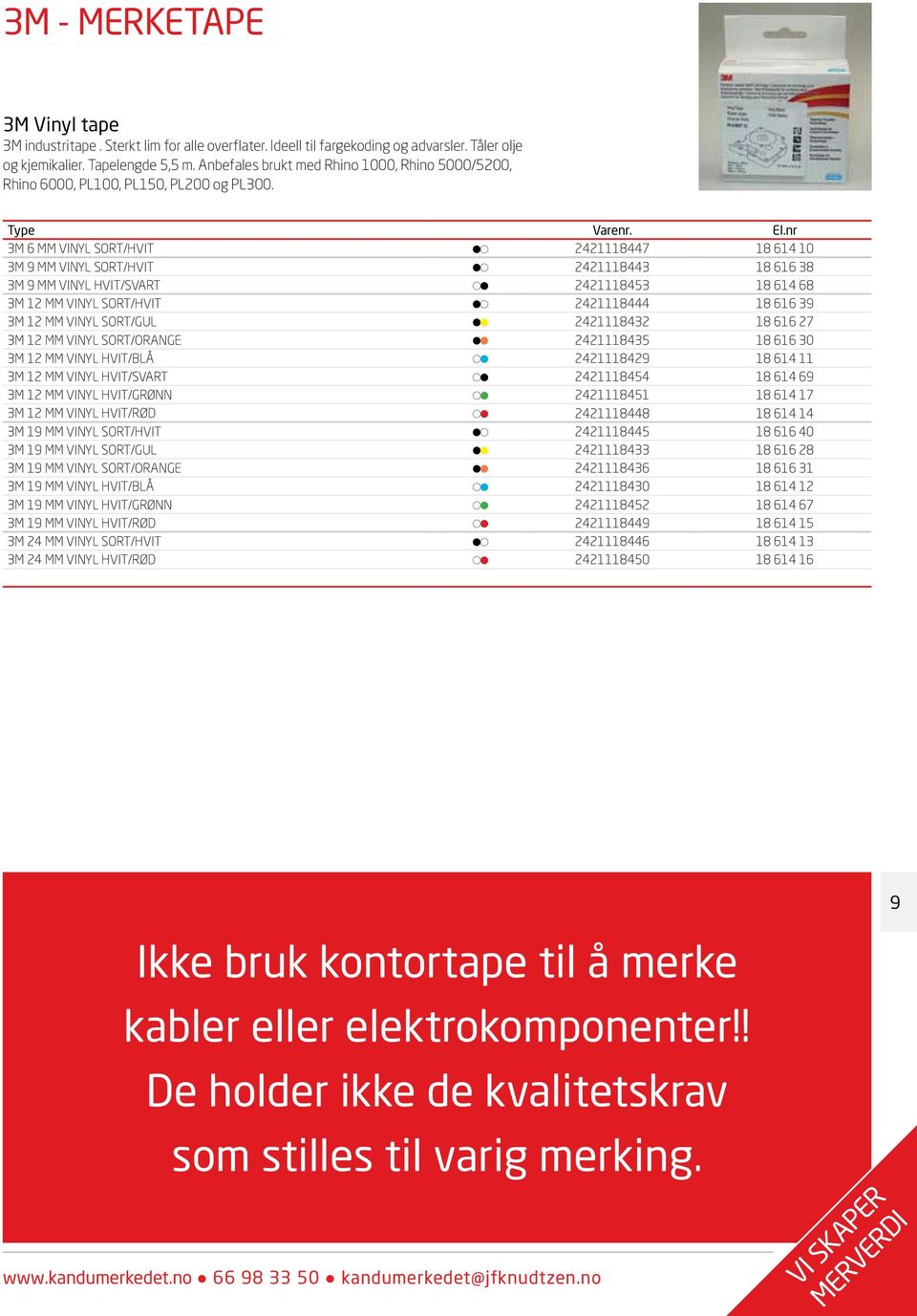 3M 6 MM VINYL SORT/HVIT 2421118447 18 614 10 3M 9 MM VINYL SORT/HVIT 2421118443 18 616 38 3M 9 MM VINYL HVIT/SVART 2421118453 18 614 68 3M 12 MM VINYL SORT/HVIT 2421118444 18 616 39 3M 12 MM VINYL