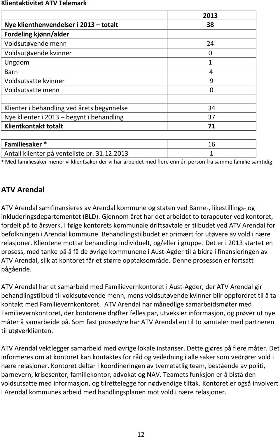 2013 1 * Med familiesaker mener vi klientsaker der vi har arbeidet med flere enn én person fra samme familie samtidig ATV Arendal ATV Arendal samfinansieres av Arendal kommune og staten ved Barne-,